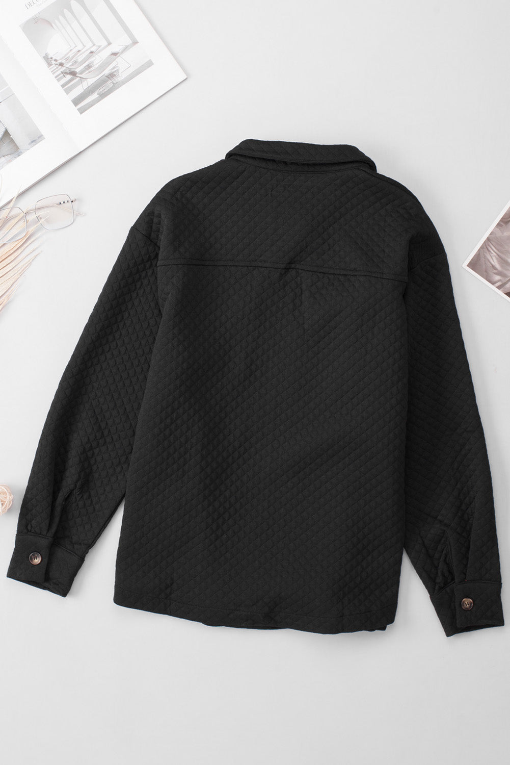 Gray Lattice Texture Retro Flap Pocket Button Shacket