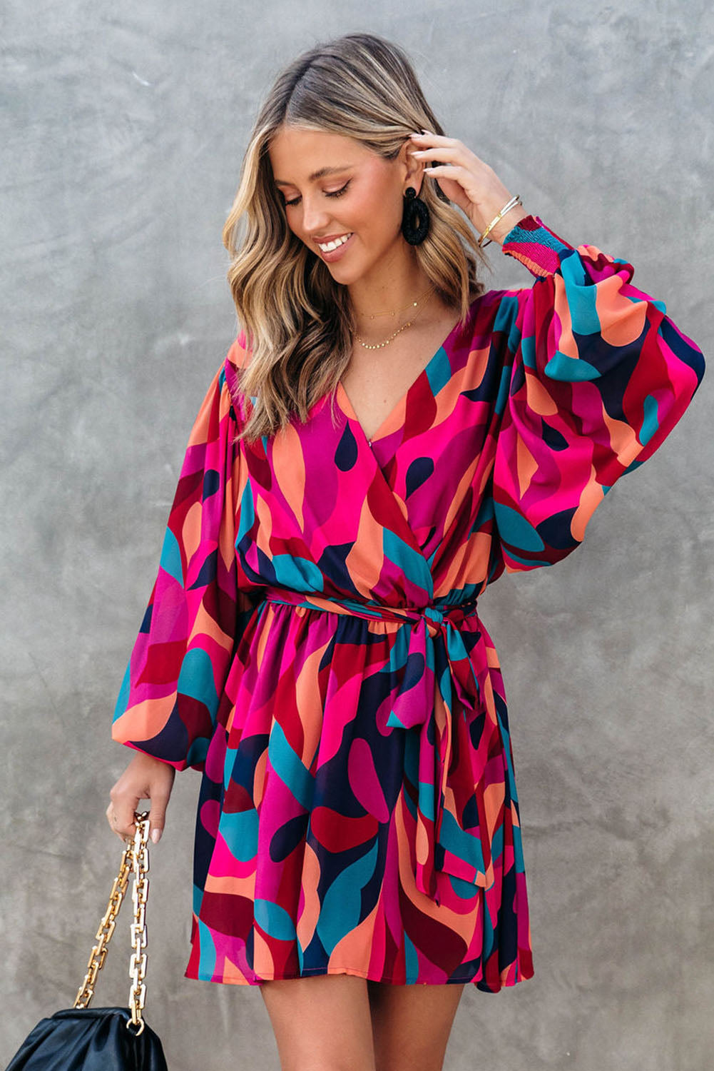 Multicolor Plus Size Abstract Print Oversized Sleeve Belted Dress
