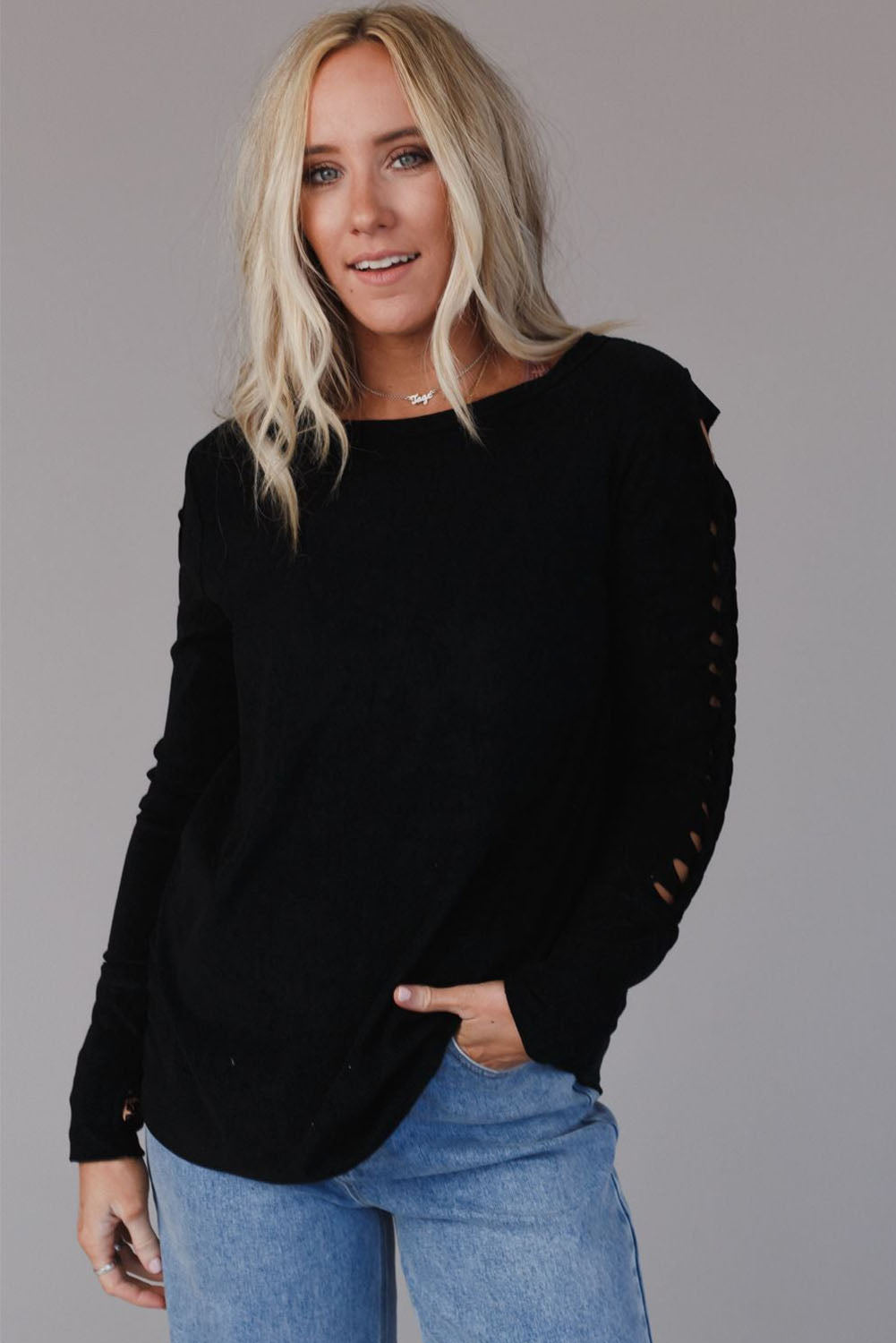 Braid Hollow-out Sleeves Knit Top