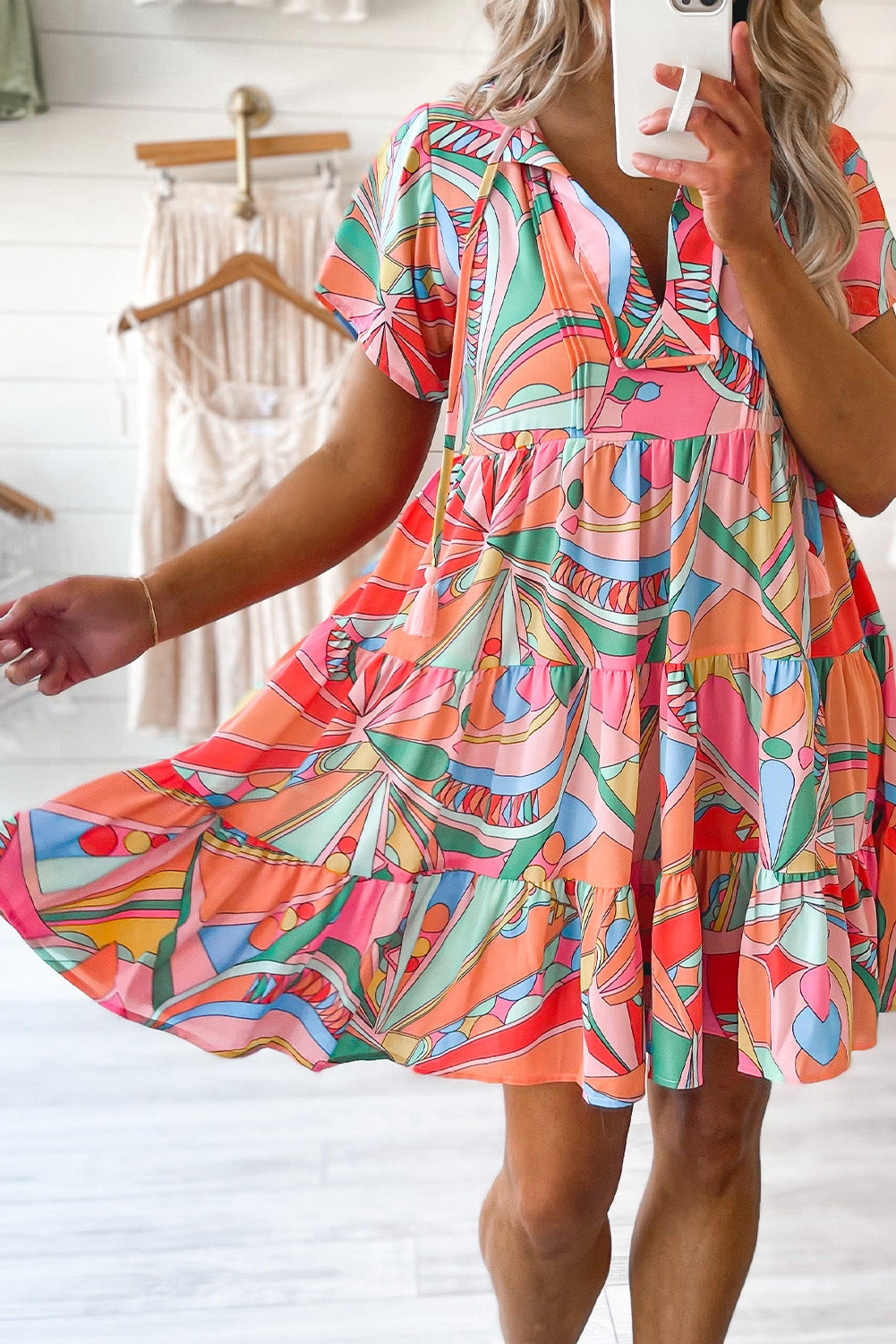 Multicolor Geometric Abstract Print Long Sleeve Shirt Dress