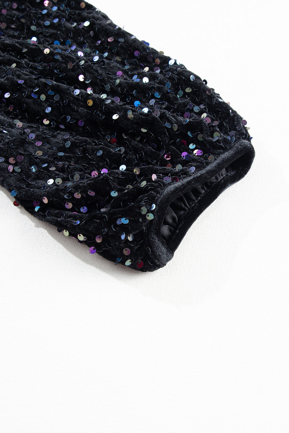 Black Sequin Puff Sleeve Buttoned Velvet Peplum Shirt