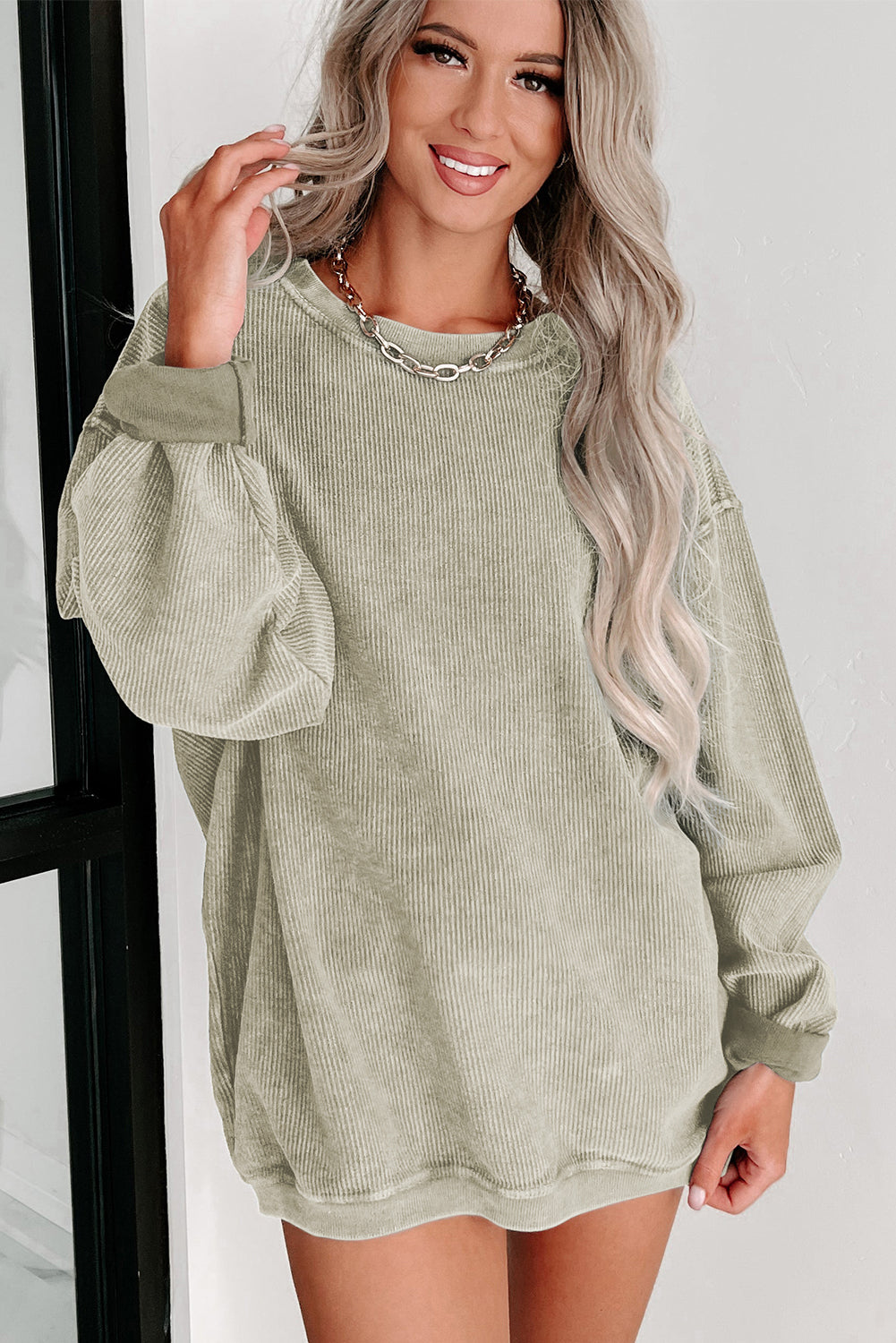 Black Plus Size Corded Round Neck Sweatshirt
