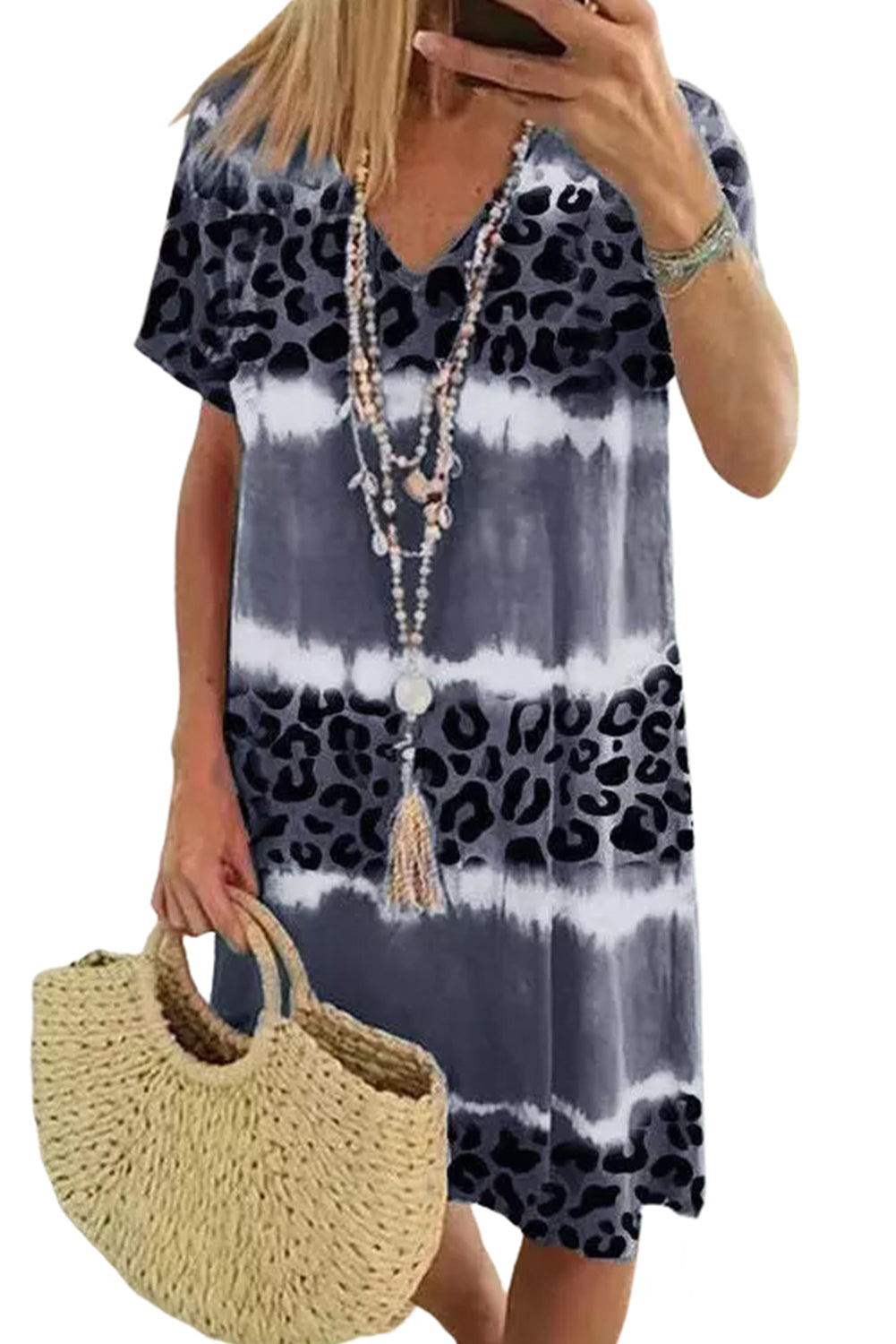 Grey Leopard Tie Dye Color Block V-Neck T-Shirt Dress