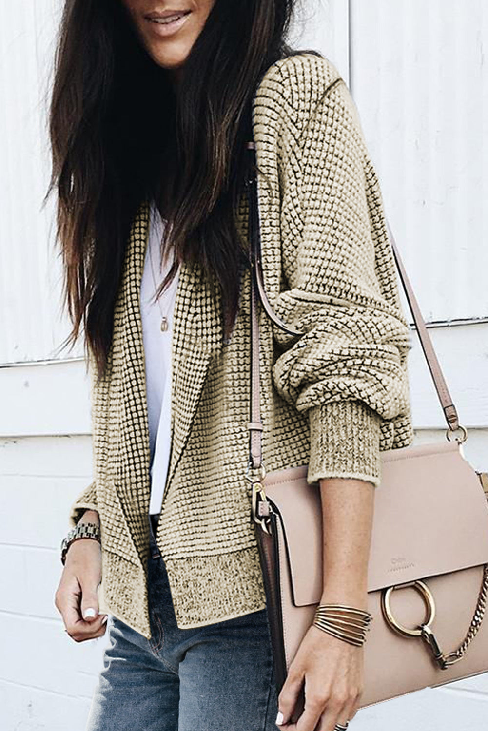 Apricot Chunky Waffle Knit Oversized Collar Cardigan