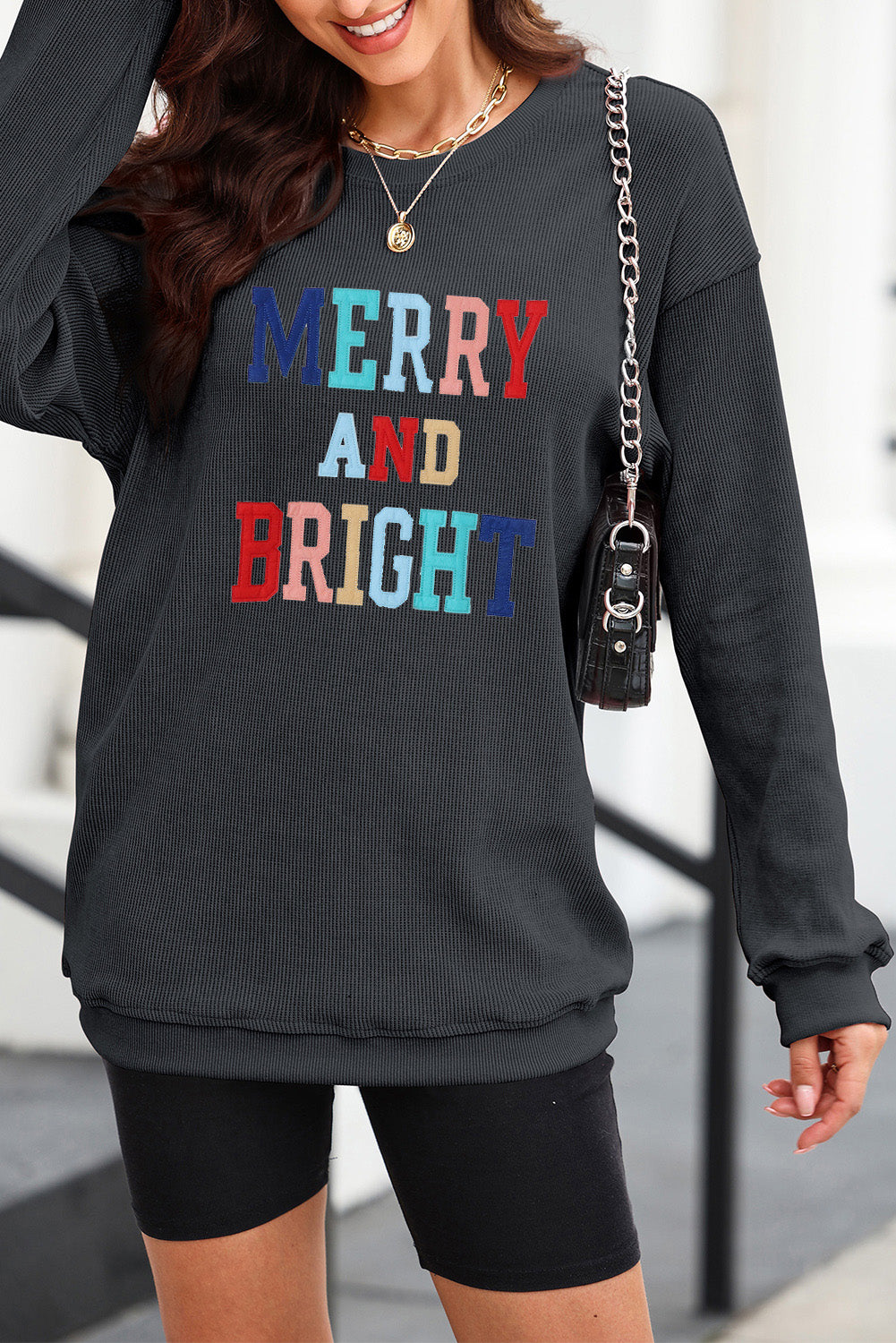 Black Plus Size Corded Round Neck Sweatshirt