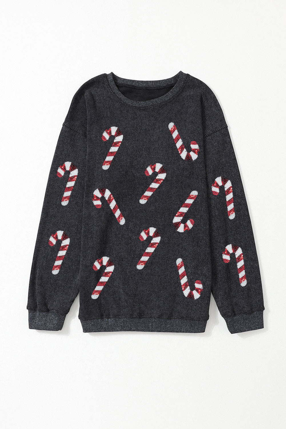 Black Plus Size Corded Round Neck Sweatshirt