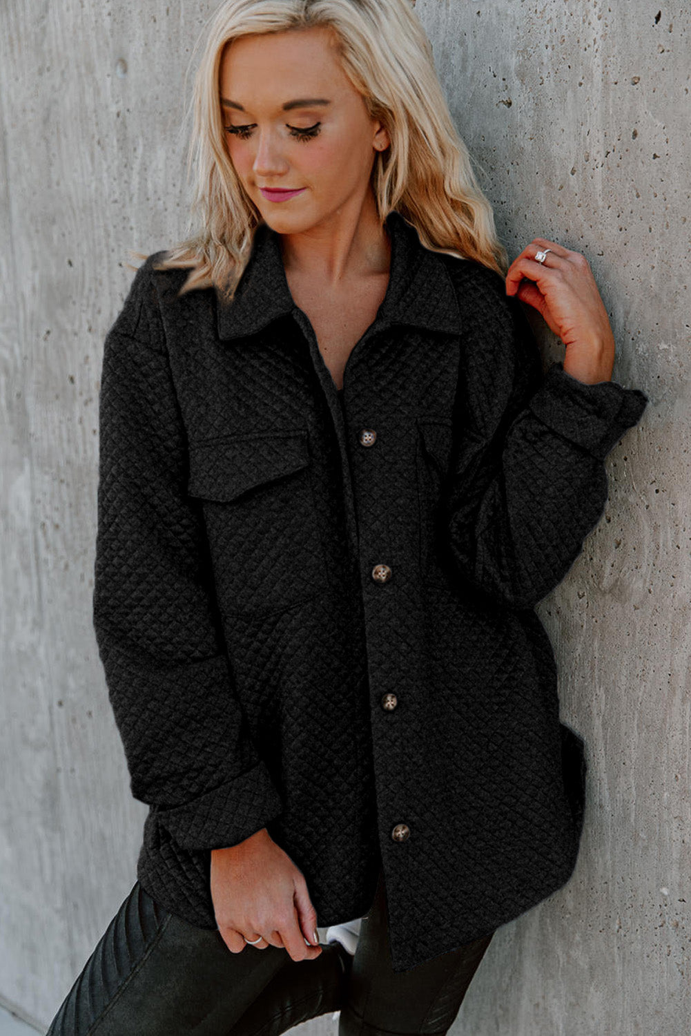Gray Lattice Texture Retro Flap Pocket Button Shacket