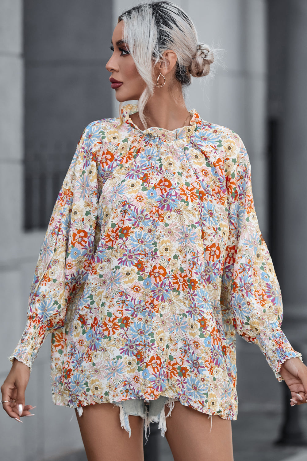Purple Printed Boho Floral Frilled Neck Shirred Bracelet Sleeve Dress