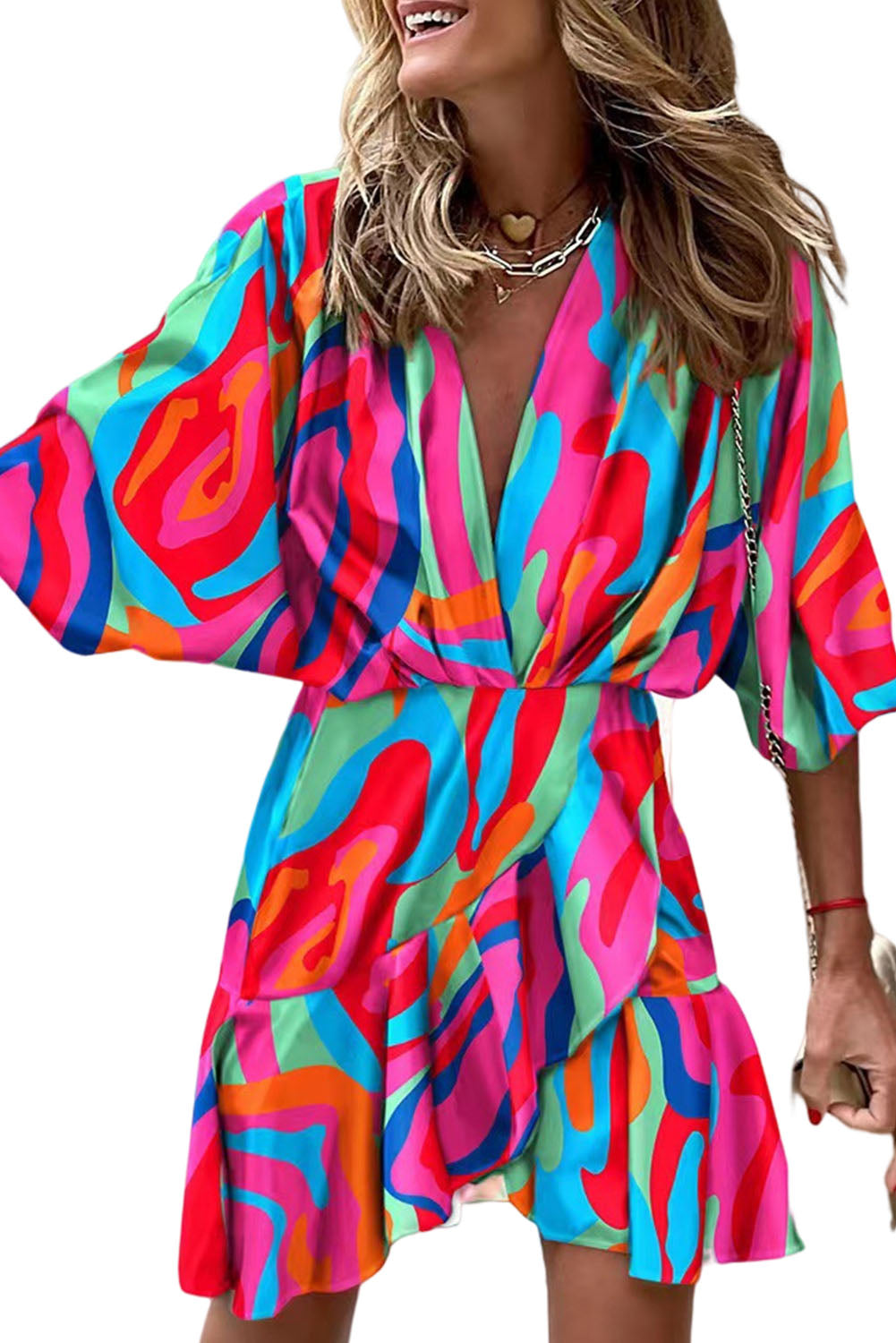 Multicolor Abstract/Zebra Printed V Neck Dolman Sleeve Ruffle Wrap Dress