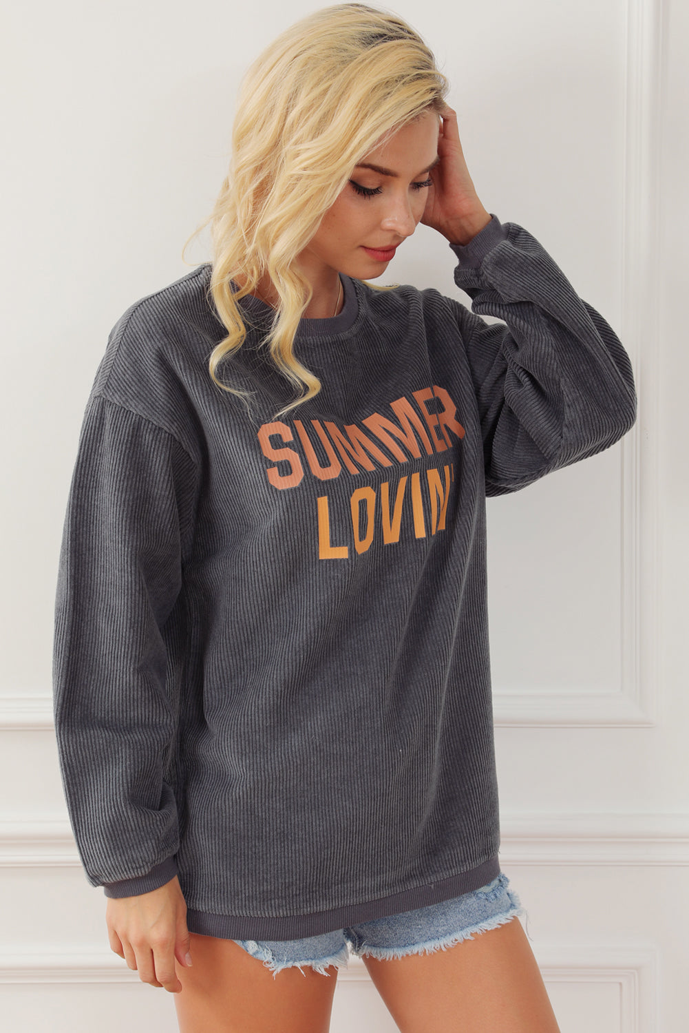 Black Plus Size Corded Round Neck Sweatshirt