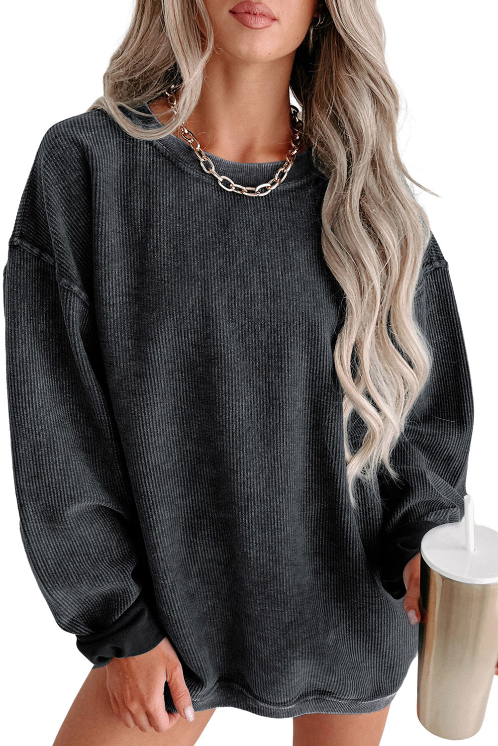 Black Plus Size Corded Round Neck Sweatshirt