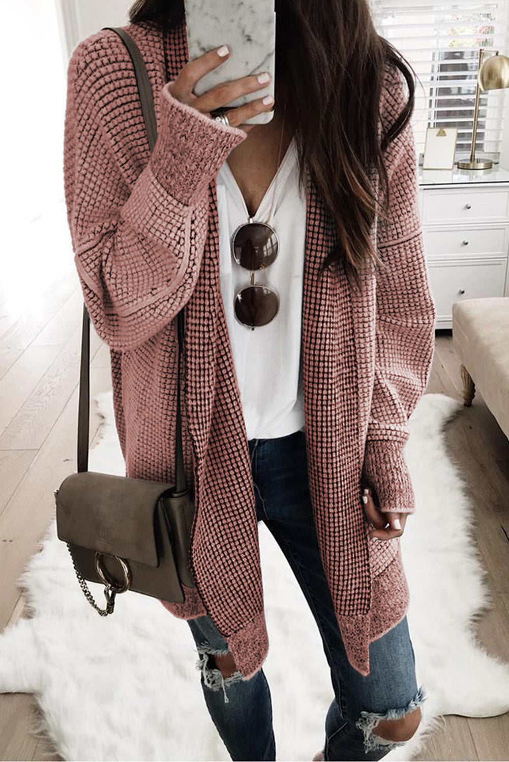 Apricot Chunky Waffle Knit Oversized Collar Cardigan