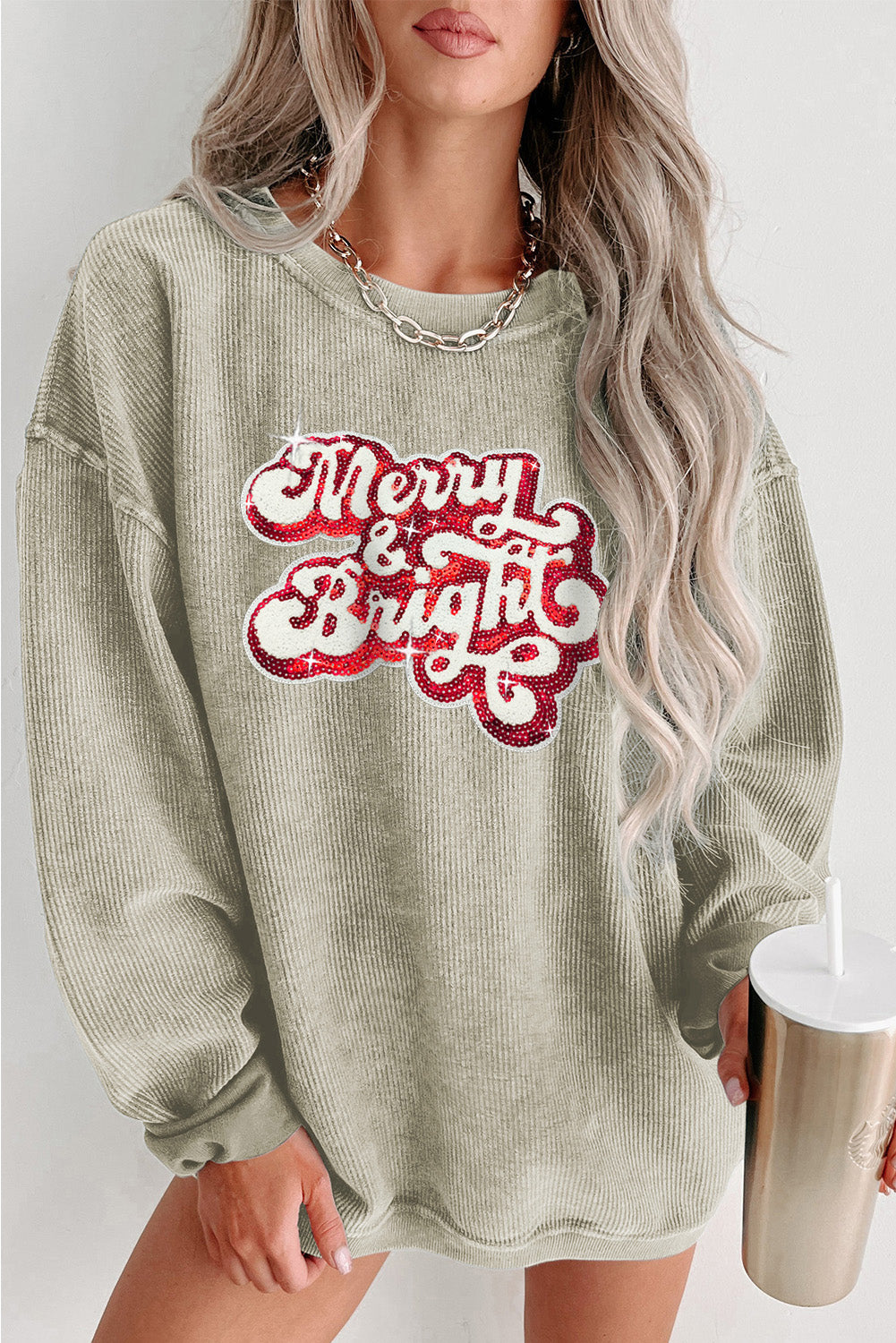 Black Plus Size Corded Round Neck Sweatshirt