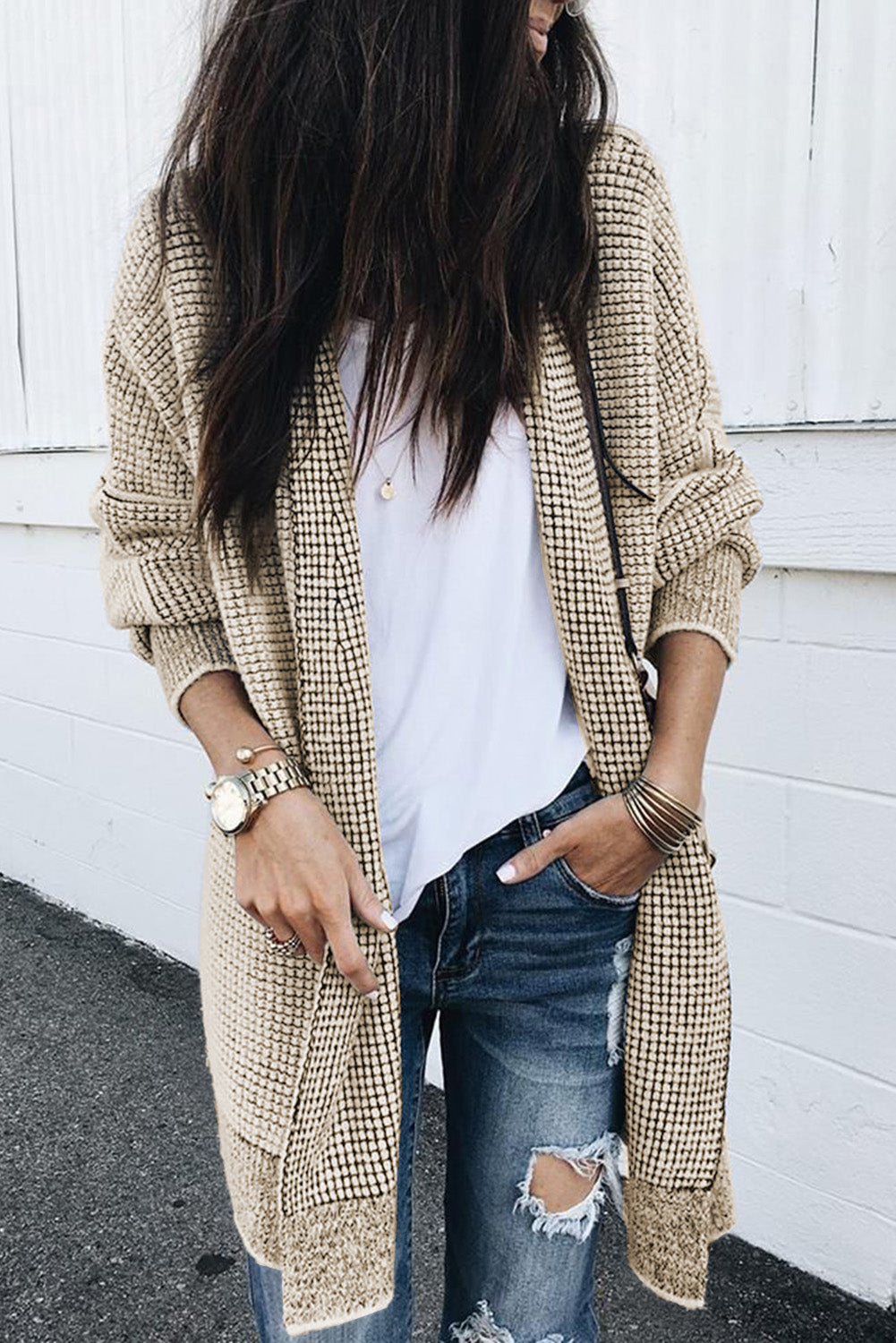 Black Plaid Knitted Long Open Front Cardigan