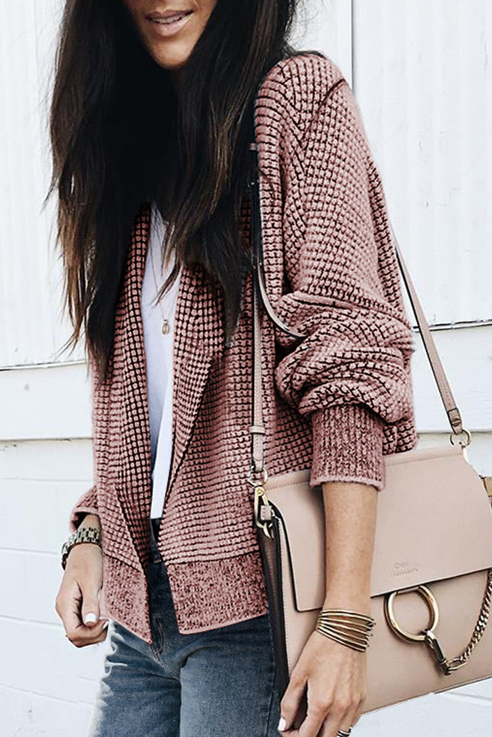 Apricot Chunky Waffle Knit Oversized Collar Cardigan