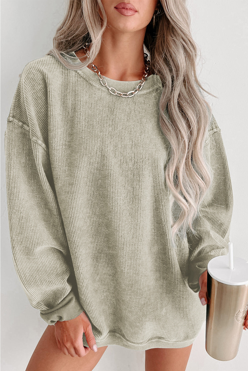 Black Plus Size Corded Round Neck Sweatshirt
