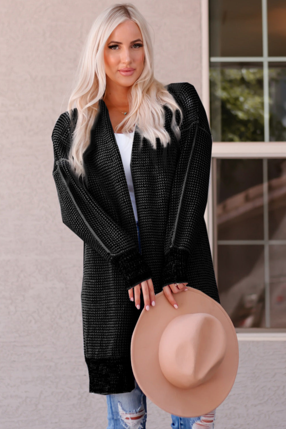 Apricot Chunky Waffle Knit Oversized Collar Cardigan