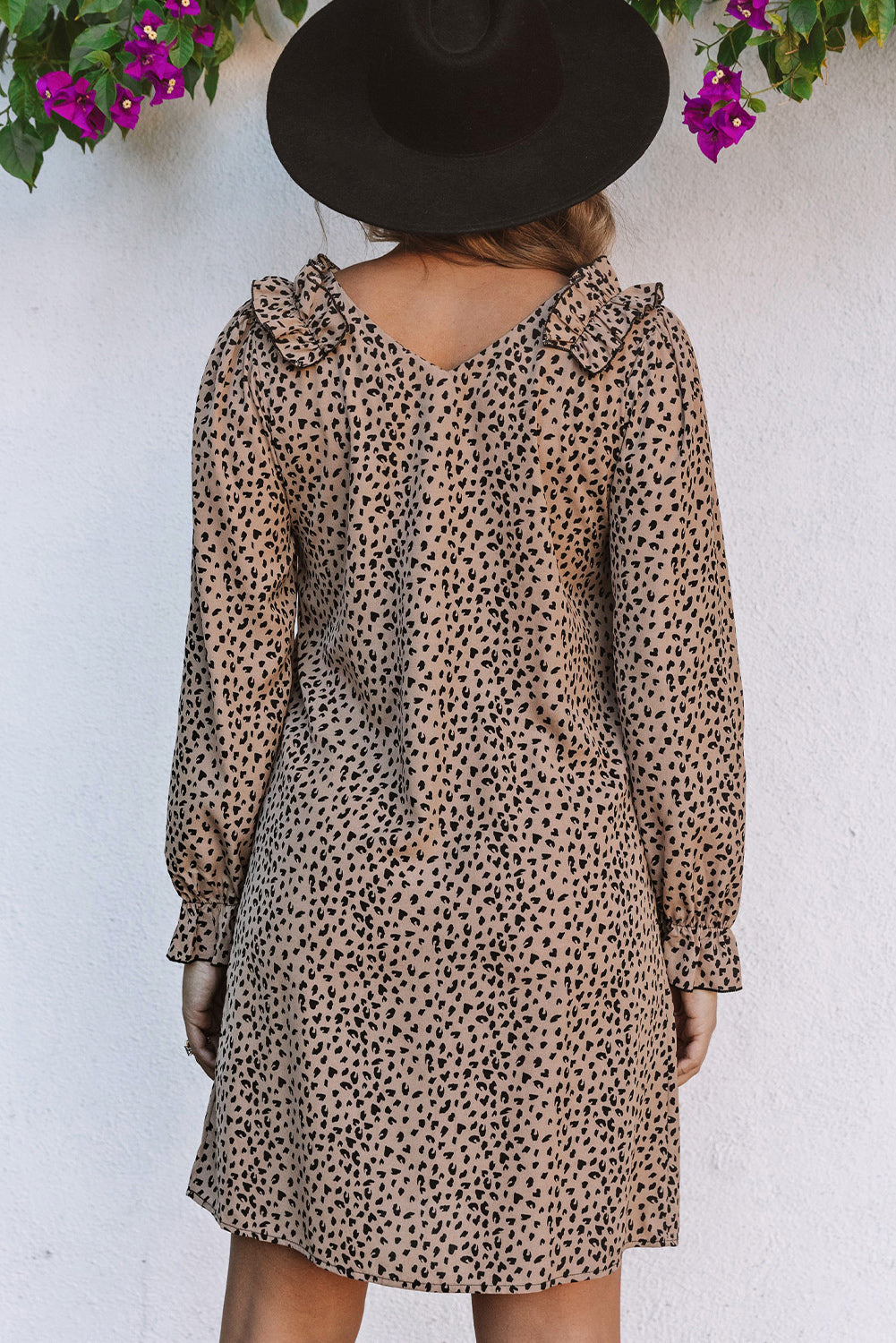 Khaki Leopard Casual Ruffle Straight Short Dress