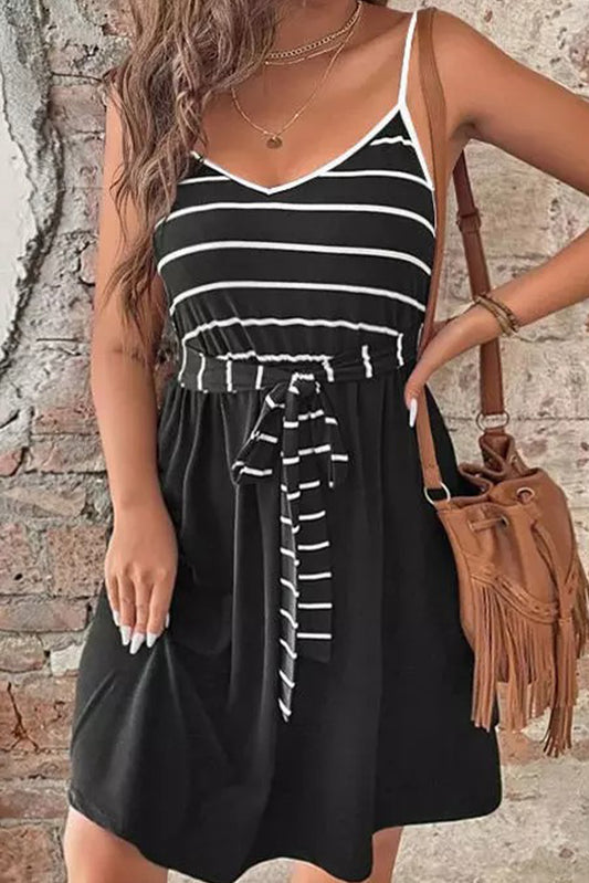Striped Spaghetti Straps Casual Waist Tie Cami Dress
