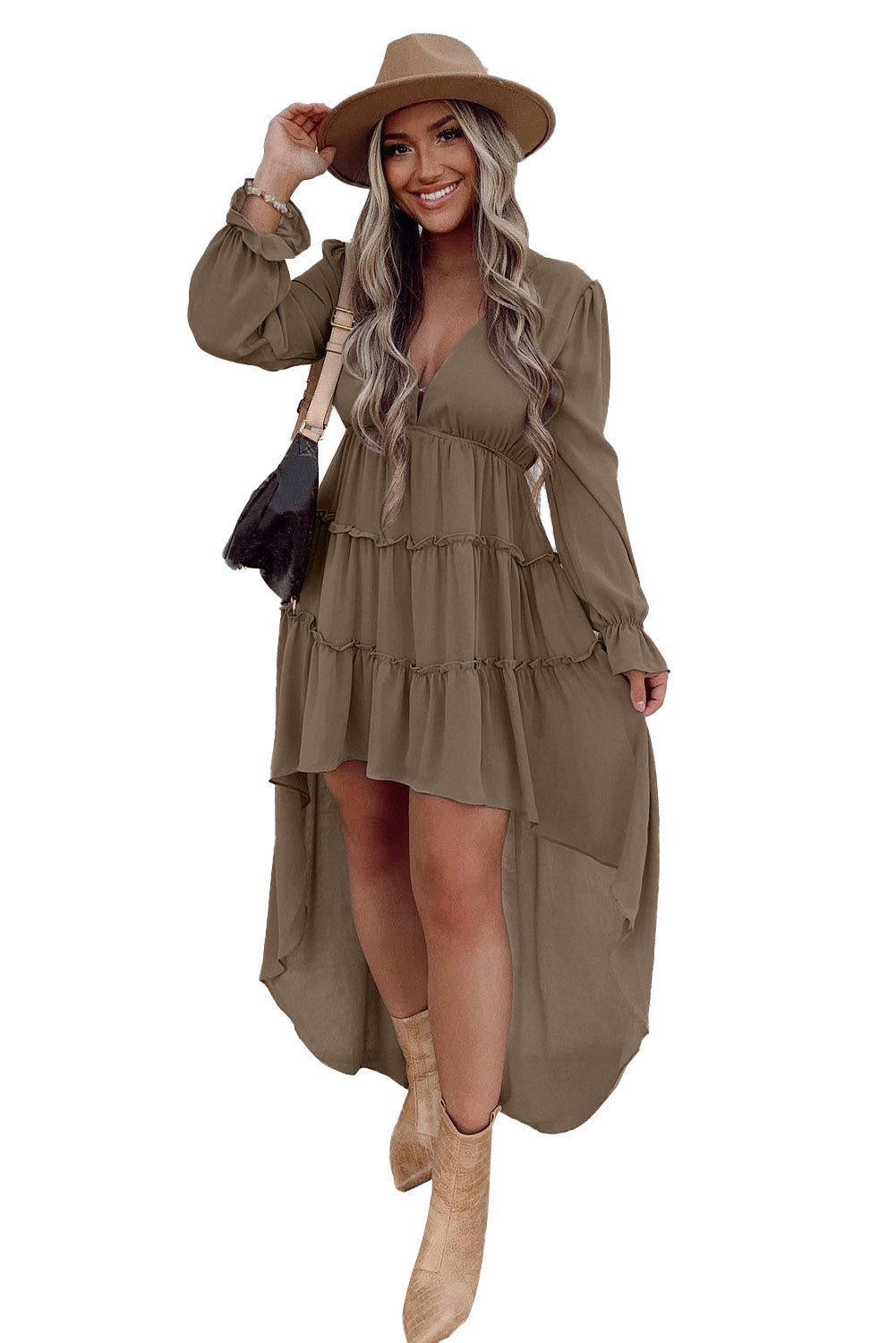 Khaki Tiered Ruffled High Low Long Sleeve Dress
