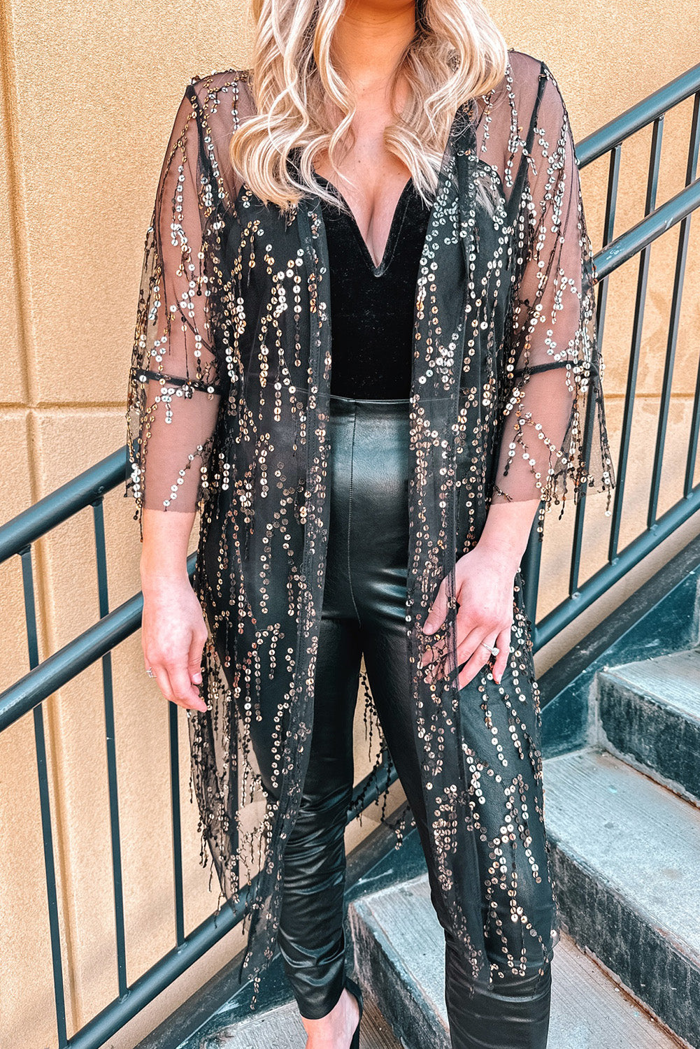 Sequin Sheer Casual Open Front Cover Up