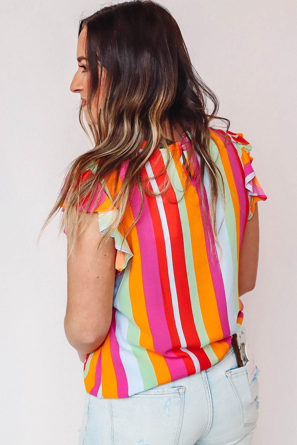 Multicolor Plus Size Stripe Print Frill Neck Flutter Blouse